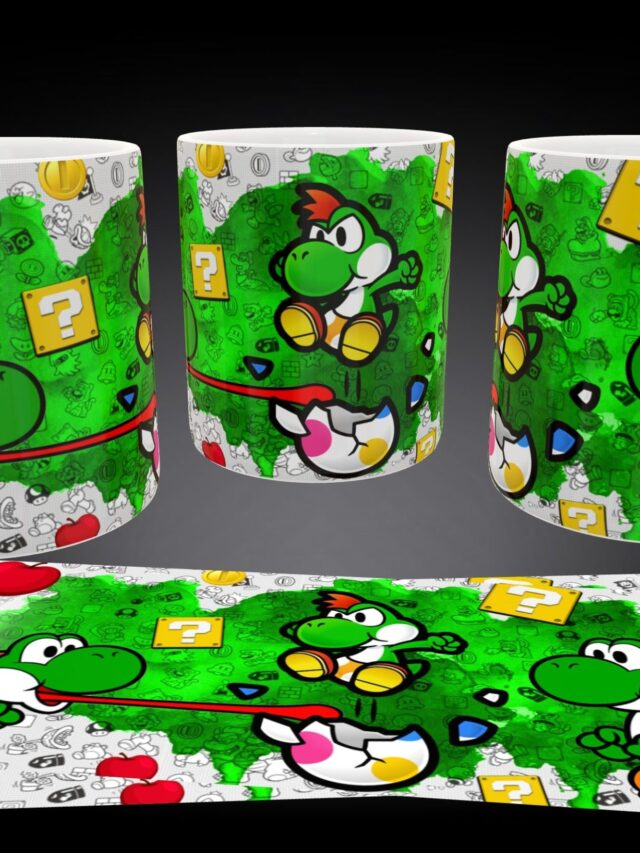 Mug Mario Bros: Toad, Mario, Princesa Peach, Bowser, Yoshi, Luigi, Super Star - Yoshi
